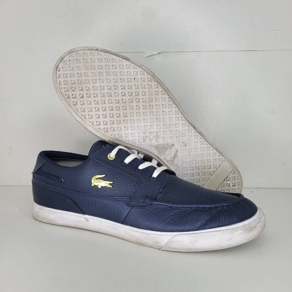 Lacoste Bayliss Deck Shoes Boat Sneakers Mens Sz 10 0722 Navy Blue Leather White